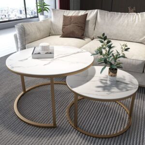 Modern 2-in-1 nesting coffee tables with marble effect top and metal frame.