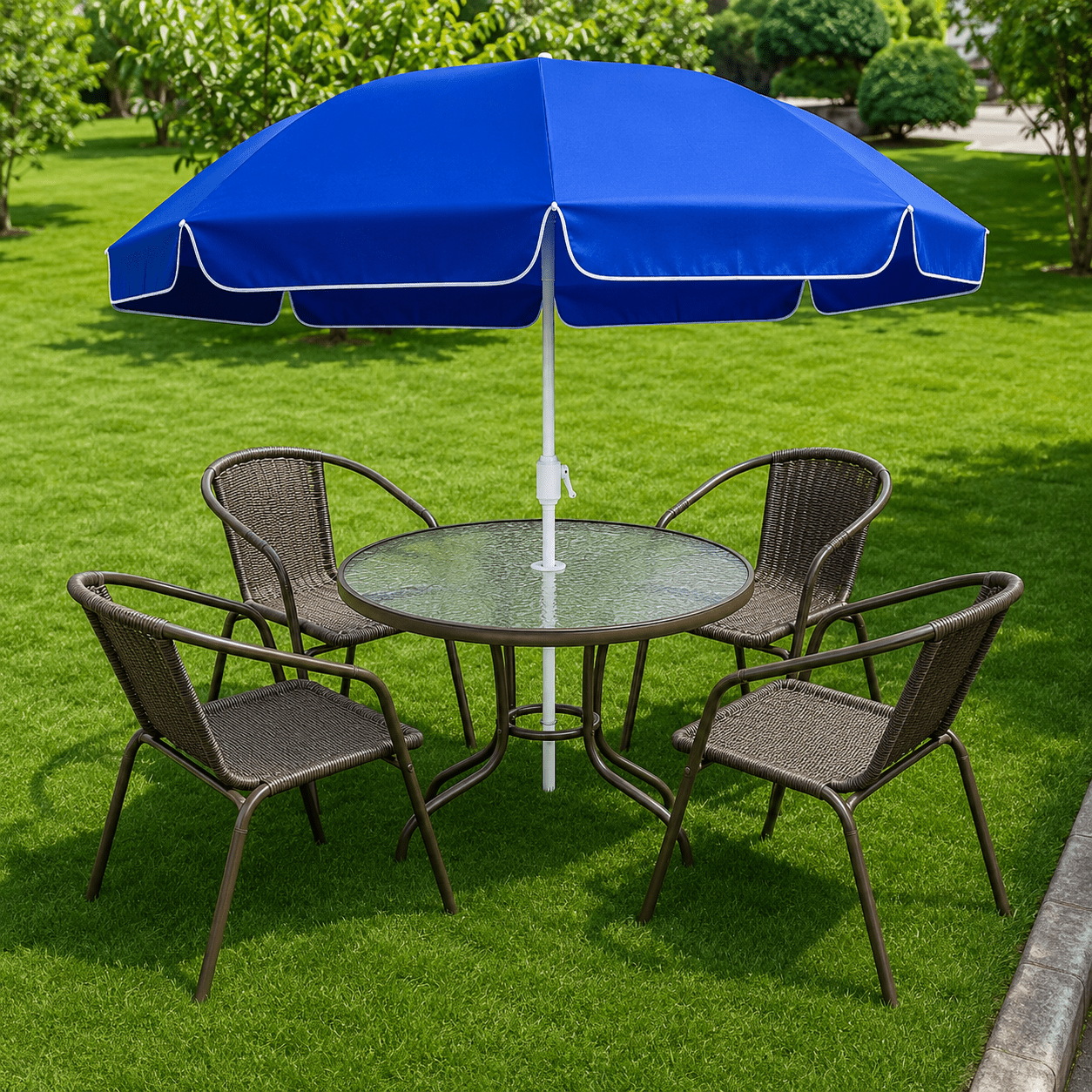 Brown 4-seater outdoor patio chairs with round glass table and garden umbrella