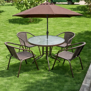 Brown 4-seater outdoor patio chairs with round glass table and garden umbrella