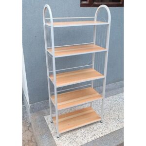 5-layer stainless steel shoe rack with natural wooden shelves and modern free-standing design.