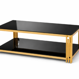 Modern rectangular coffee table with black tempered glass top and shelf with gold metal frame.