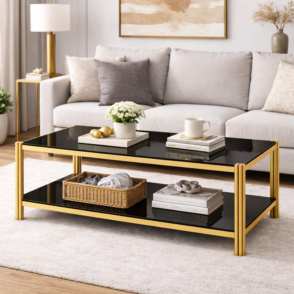 Modern rectangular coffee table with black tempered glass top and shelf with gold metal frame.