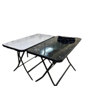 Foldable Glass-Effect Table with Metallic Stand and Rim-Portable & Stylish