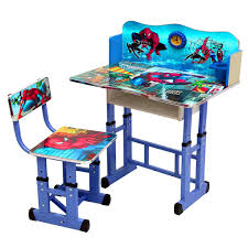 Spider-Man themed adjustable kids study table and chair set with blue desk, tiltable desktop, storage drawer, and ergonomic design.
