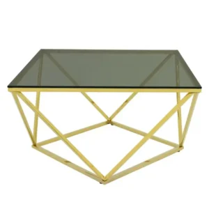 Square glass coffee table with black tempered top and geometric gold metal base