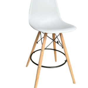 Height adjustable bar stool with wooden spread legs, metal support ring, and strong plastic seat