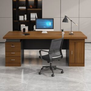 Alt Text: Modern 1.4 m office desk with three drawers and cable management