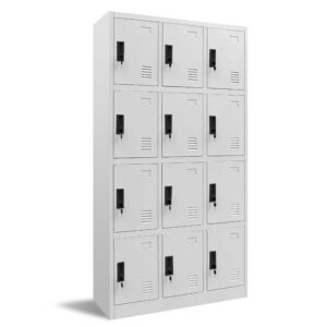 12-door metal office locker cabinet with individual lockable compartments for secure staff storage in workplaces or schools