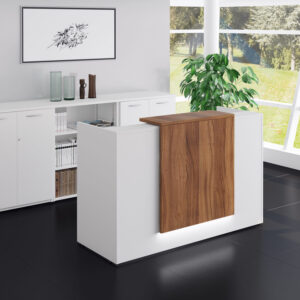 120 cm white reception desk with spacious countertop, storage drawers, and modern design