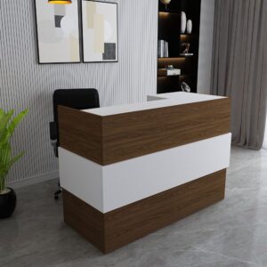 140 cm reception counter desk in brown with drawers, modesty panel, and cable management