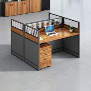 Brown 2‑way office workstation featuring dual workspaces and integrated cable management