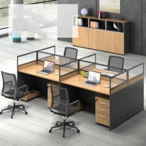 4-way modular workstation with ergonomic office desks, partitions, and spacious work surfaces for collaborative office environments