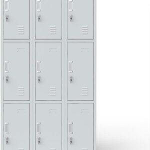 9-locker steel filing cabinet with individual locks, durable construction, and compact vertical design