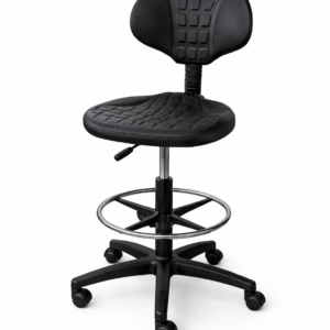 Black modern adjustable office stool chair with backrest, chrome foot ring, and caster wheels.