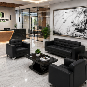 black 5-seater office sofa with cushioned seating and durable frame for reception areas and office lounges