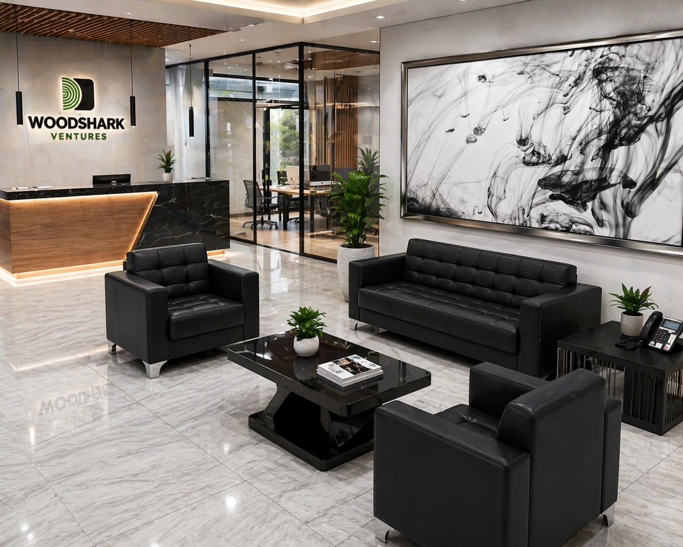 black 5-seater office sofa with cushioned seating and durable frame for reception areas and office lounges