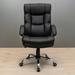 Black high back executive office chair with ergonomic lumbar support, padded seat, and swivel base for professional office workspaces