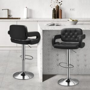 Black leather swivel bar stool with padded seat, adjustable height, and metal base