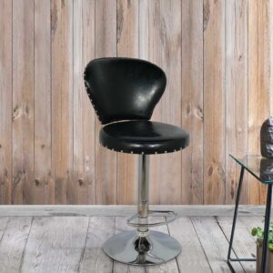 black leather swivel barstool with adjustable height and chrome base