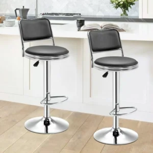 Black modern swivel bar stool with adjustable height, cushioned seat, 360-degree rotation, and sturdy metal base for home bars and kitchen counters