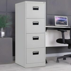 Four drawer metal filing cabinet with lock for office document storage.
