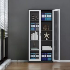 Full glass metallic filing cabinet with multiple drawers and lockable compartments