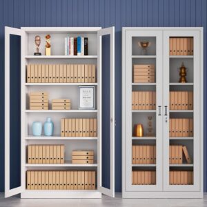 Full glass steel filing cabinet with multiple drawers, lockable compartments, and modern design