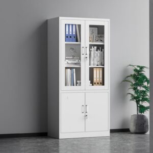 Grey half glass office cabinet with glass display doors and storage shelves