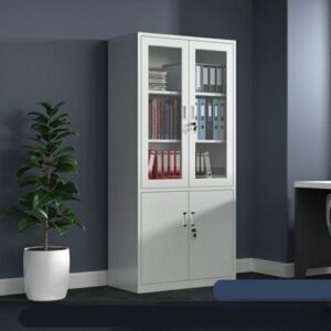 Half glass steel filing cabinet with lockable doors and adjustable shelves for organized office document storage