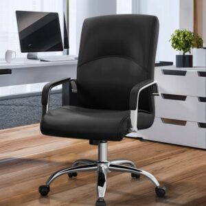 High back executive office chair with padded seat, adjustable armrests, and leather finish.