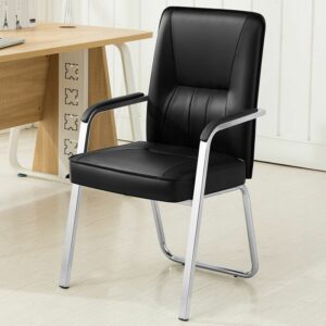 Medium back leather visitor chair with padded seat and chrome frame for office reception.