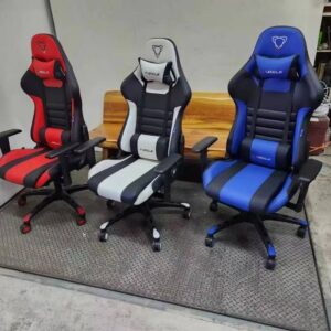 Ergonomic gaming chair with adjustable height, reclining back, and lumbar support