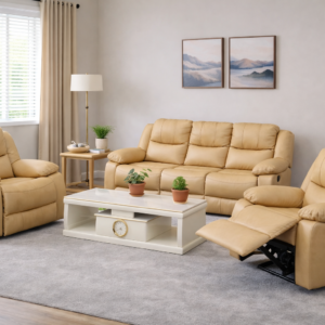 Executive modern recliner couch with five individually reclining seats and high-density foam cushions.