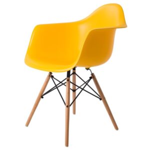 Modern Scandi lounge chair with colorful seat, ergonomic design, and durable legs for indoor and outdoor seating.