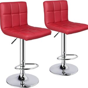 Modern red swivel bar stool with adjustable height and chrome metal base for stylish kitchen and bar seating.