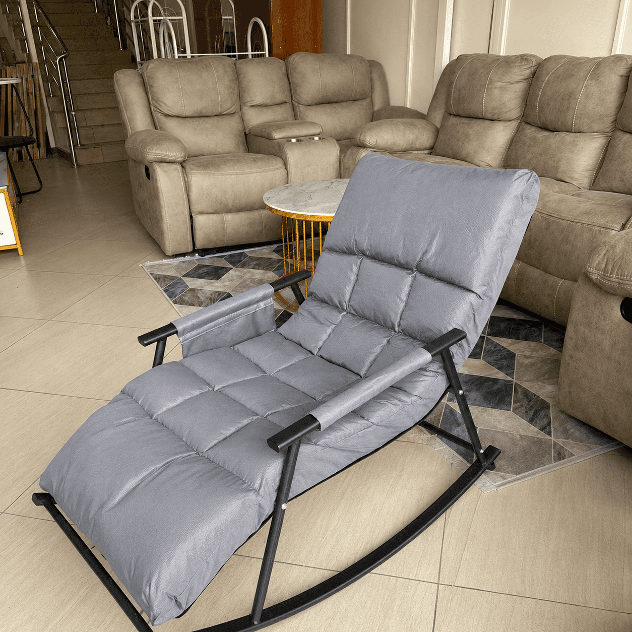 Classic metalic home rocking chair with cushioned seat, ergonomic design, and smooth curved rockers, ideal for living rooms,balconies, nurseries, or cozy reading corners.