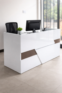 White modern reception desk for office – 1.6m two seater design.