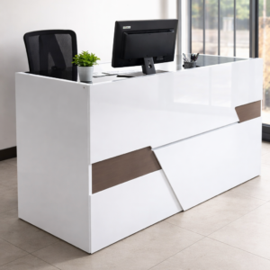 White modern reception desk for office – 1.6m two seater design.