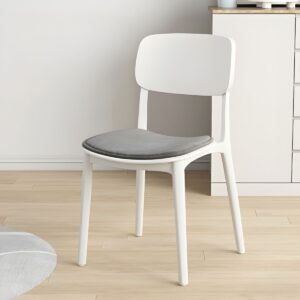 White plastic chair with grey soft cushioned seat, ergonomic backrest, and modern minimalist design for home or office