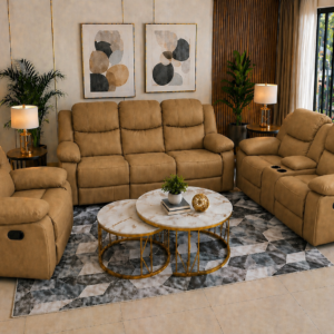 Executive modern recliner couch with five individually reclining seats and high-density foam cushions.