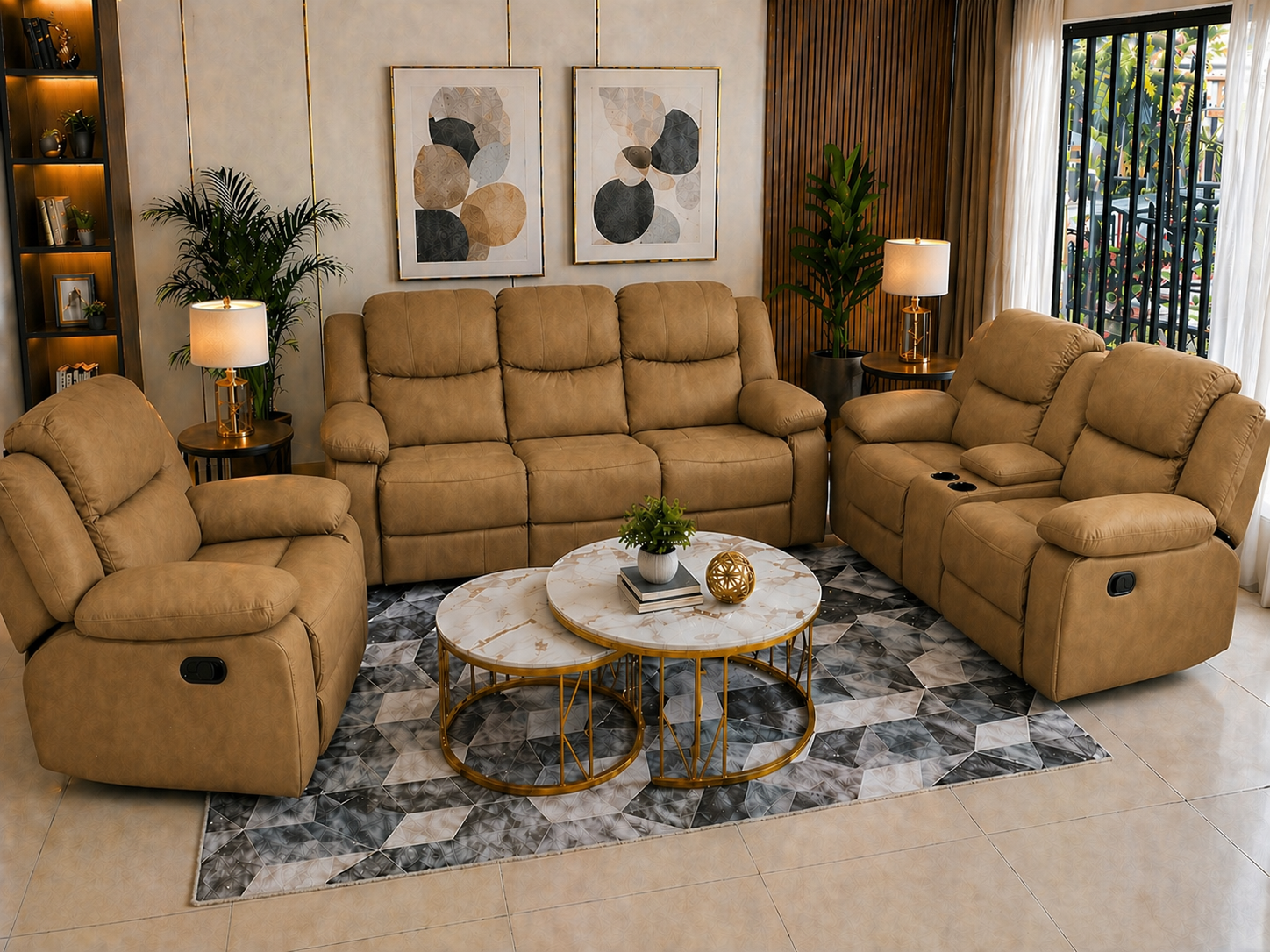 Executive modern recliner couch with five individually reclining seats and high-density foam cushions.
