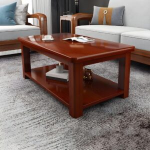 Rectangular wooden office coffee table with lower shelf for reception and lounge areas.