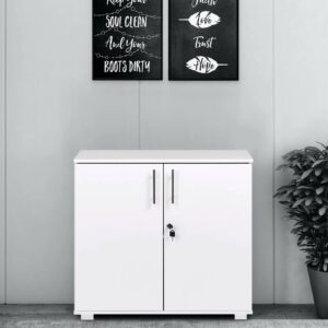 White office lockable cupboard with multiple shelves and secure locking system for organized workspace storage.