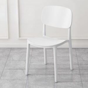 White stackable plastic chair with lightweight design, durable construction, and ergonomic seat suitable for indoor and outdoor use