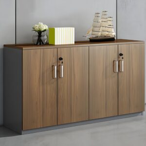 Wooden 4-door office storage credenza with spacious compartments, durable finish, and modern design for organizing files and office essentials