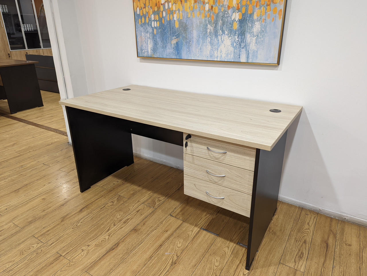 0.9m sturdy office desk with durable wooden top and strong frame for home or office workspace.