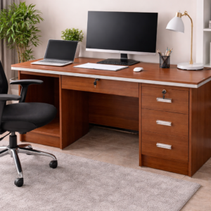 1.4m modern office table with drawers, wood finish, and storage compartments in a professional office setup.