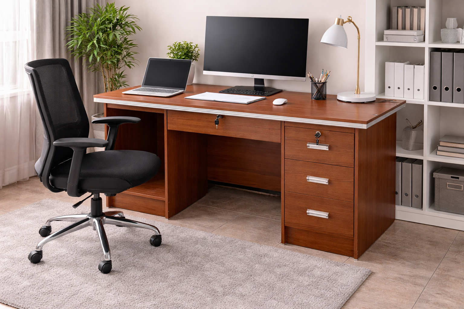 1.4m modern office table with drawers, wood finish, and storage compartments in a professional office setup.