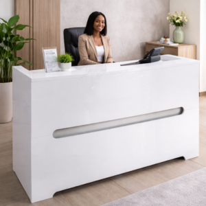 1.6m modern LED reception desk with glossy white finish in a professional office reception setup.