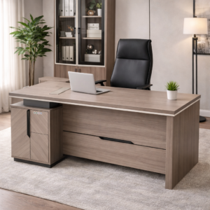 1.6m minimalist L-shape executive office desk with wooden finish and side storage cabinet in modern office setup